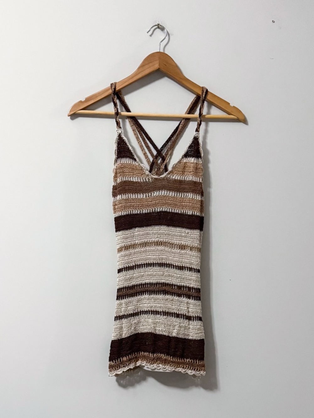 VTG Y2K Knit Criss Cross Back Neutral Brown Bohemian Boho Tank Top Early 2000s